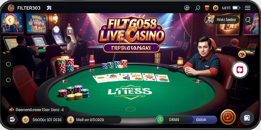 Screenshot gameplay FILTER303 dengan dealer langsung dan suasana kasino yang mengesankan.