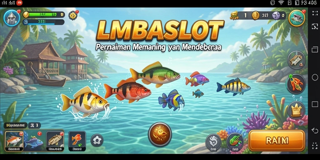Screenshot gameplay LMBASLOT menampilkan aksi menangkap ikan yang seru.