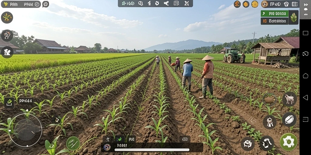 Screenshot gameplay PP444 menampilkan ladang yang subur dan tanaman hijau.