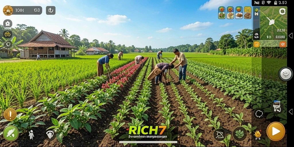 Screenshot RICH7 menunjukkan aktivitas bertani yang seru dan penuh warna.
